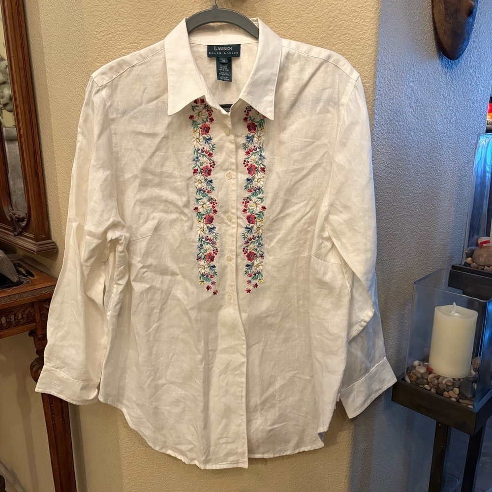 Vintage Lauren Ralph Lauren White 100% Linen Floral Embroidery Shirt 1X Plus